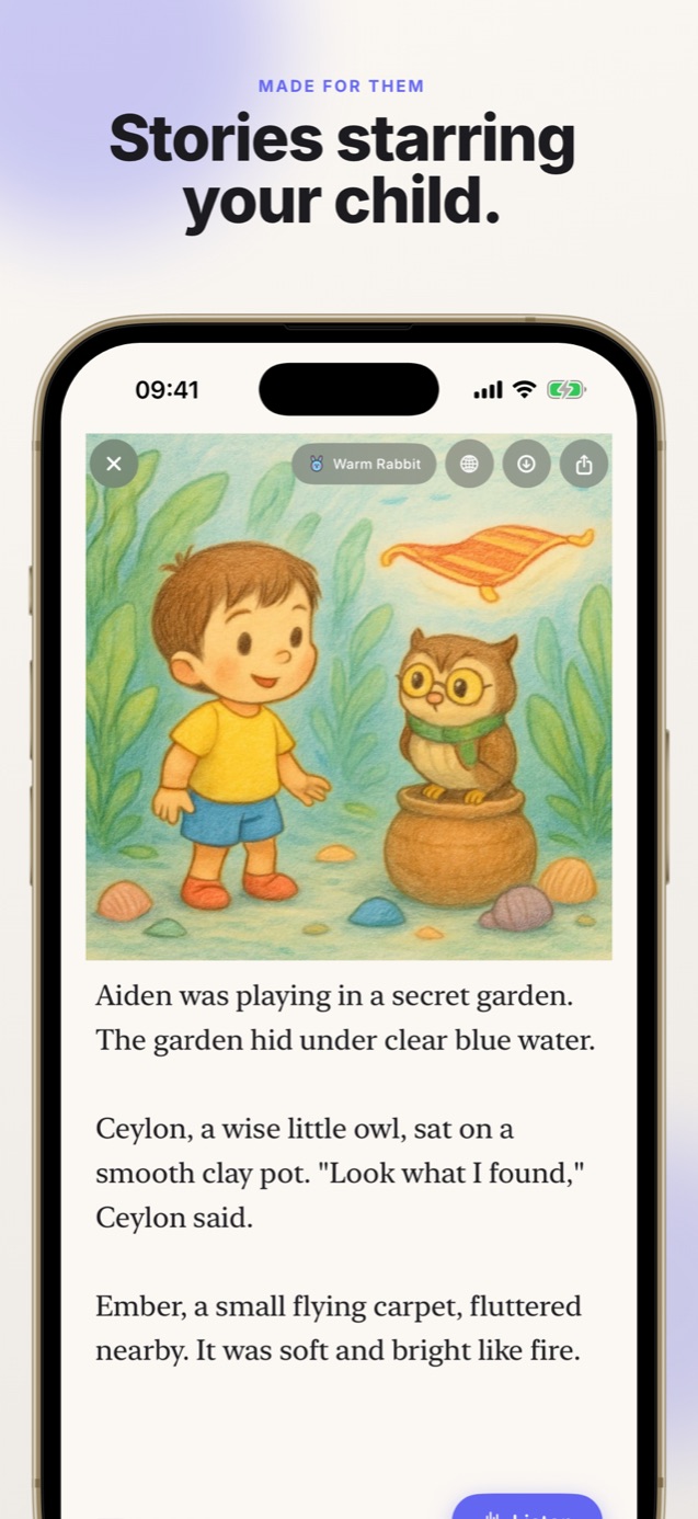 Personalized children's story in Faybley starring a child by name with full-page illustration