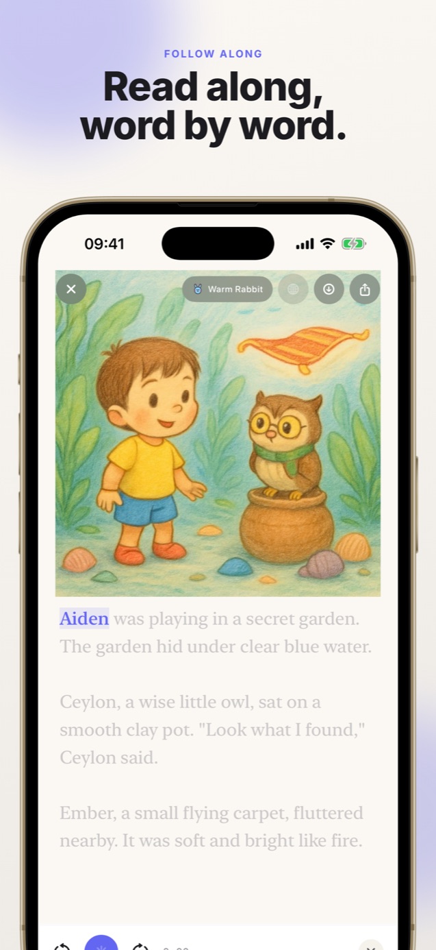 Word-by-word read-along highlighting in a Faybley children's story